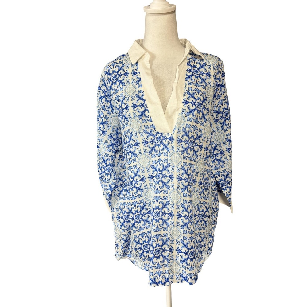 Isaac Mizrahi New York Shirt Womens Large Blue‎ Floral Linen Tunic Top Boho